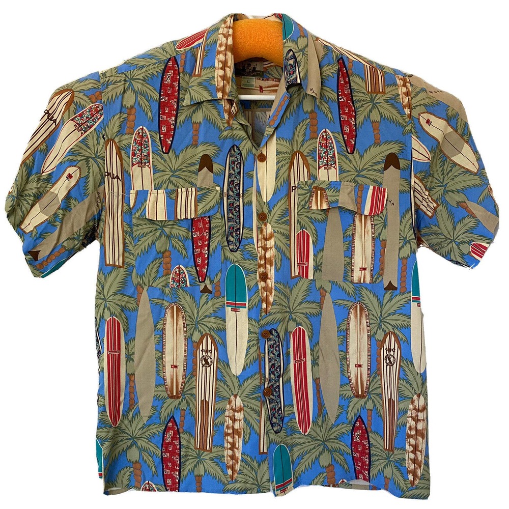 Reyn Spooner Button Down Shirt Short Sleeve Surfing Board Ocean Blue Ray…